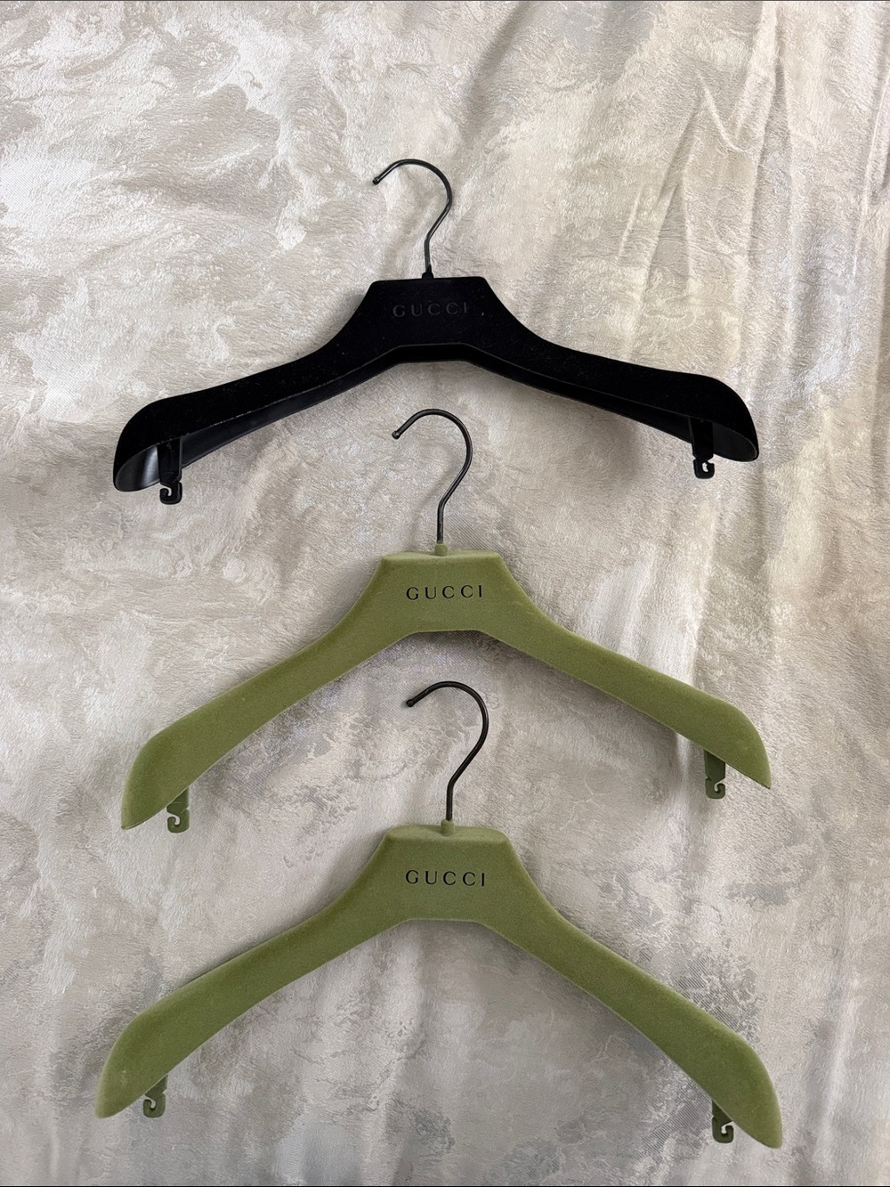 Gucci Velvet Hangers in Black and Olive Green Set of 3